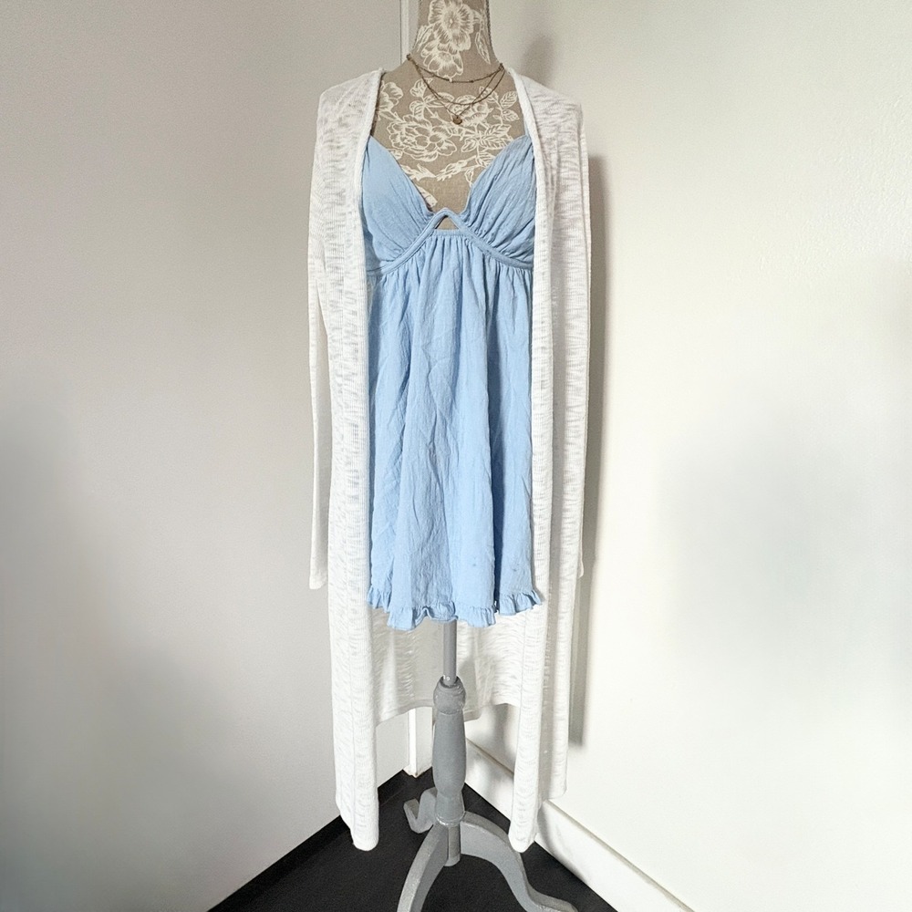 Ambiance White Open Front Longline Cardigan Side Slit Long Sleeve Sz L